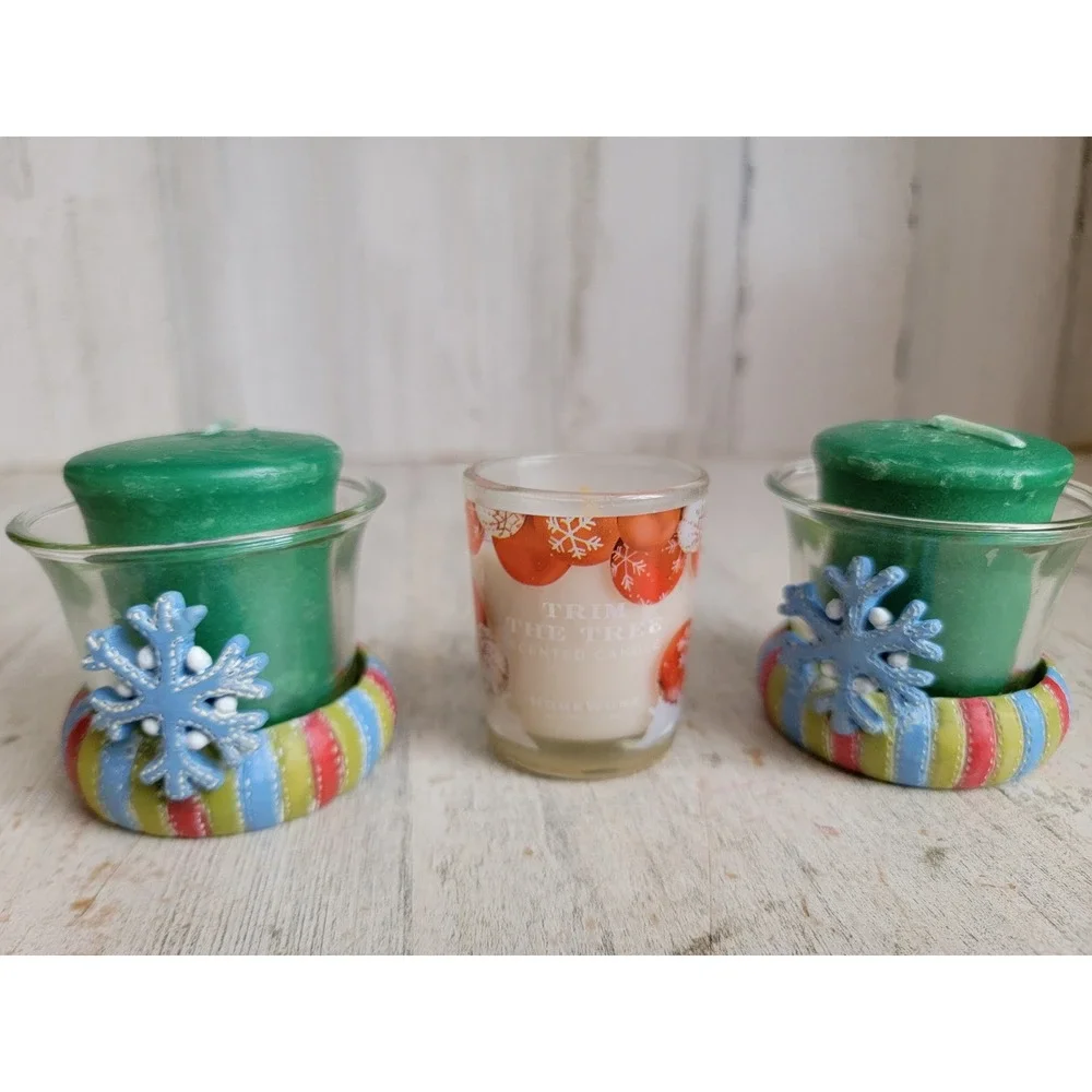 Mini candle Xmas set snowflake green holder home decor striped‎ unique